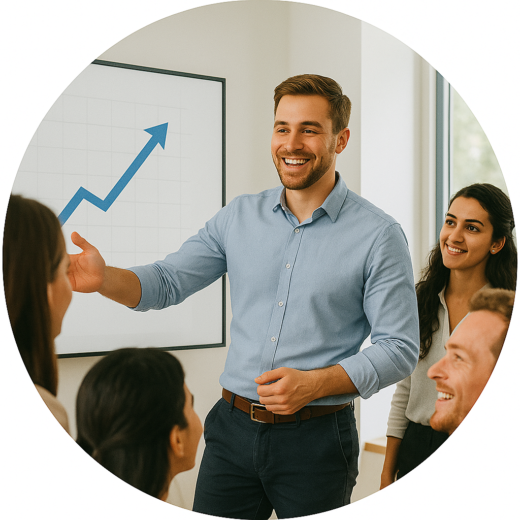 Mlady lider v rastovom prostredi v kancelarii prednasa